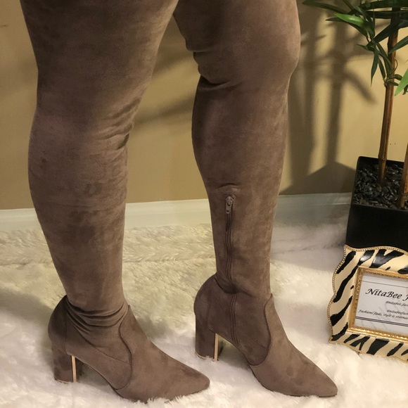 Bamboo Taupe w/Gold Trim Over The Knee Boots - Picture 4 of 5